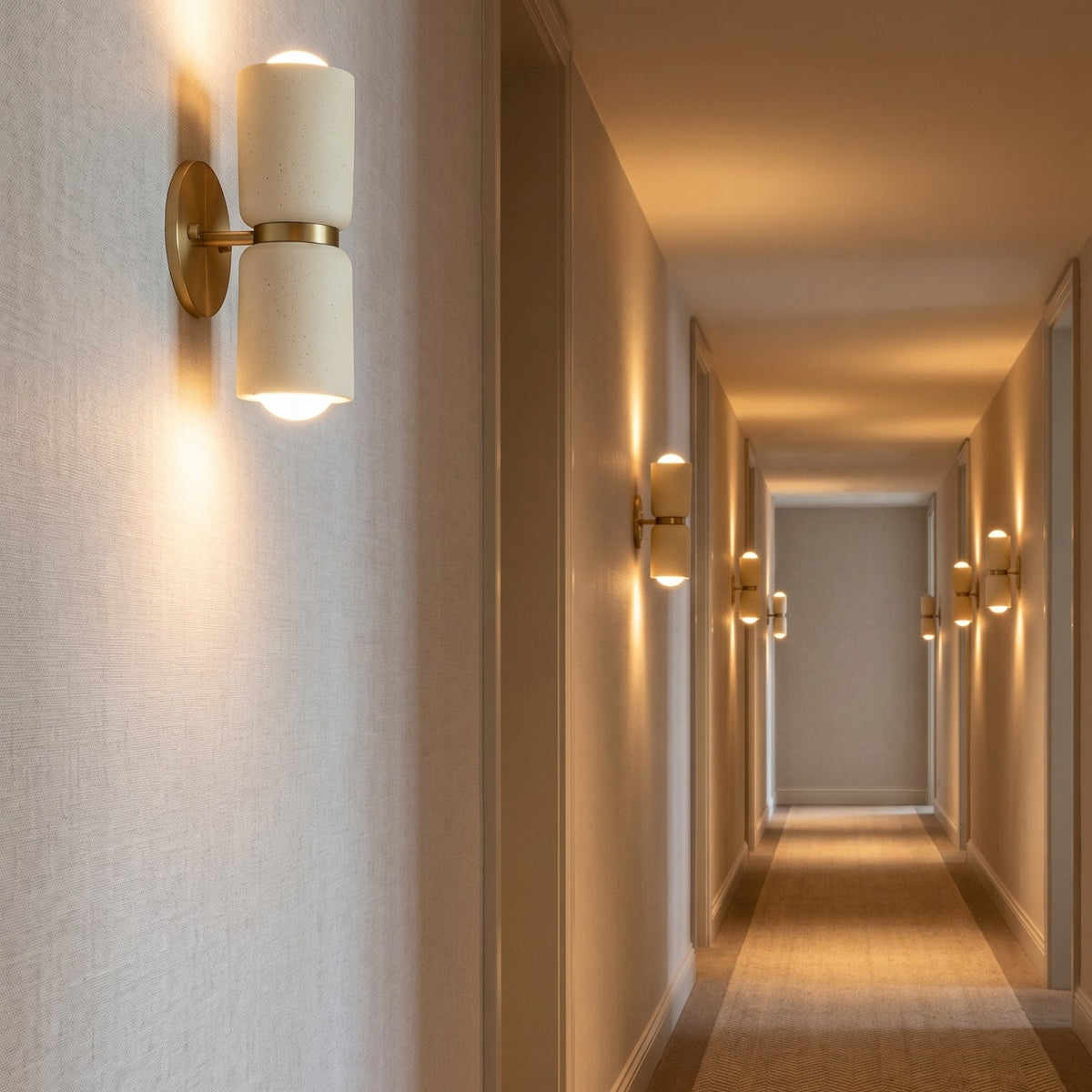 AX163 hallway wall sconces lighting a long corridor, ceramic and brass up down wall lights