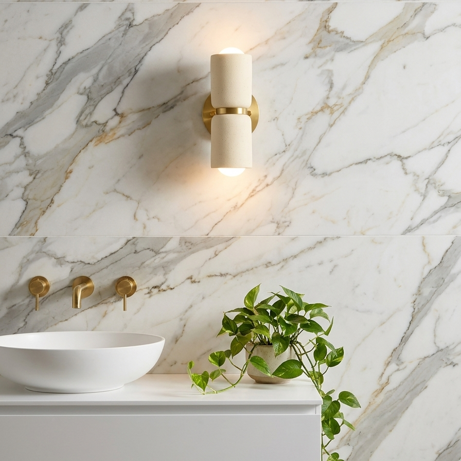 AX163 bathroom wall sconce in ceramic and brass above a vessel sink on a marble wall