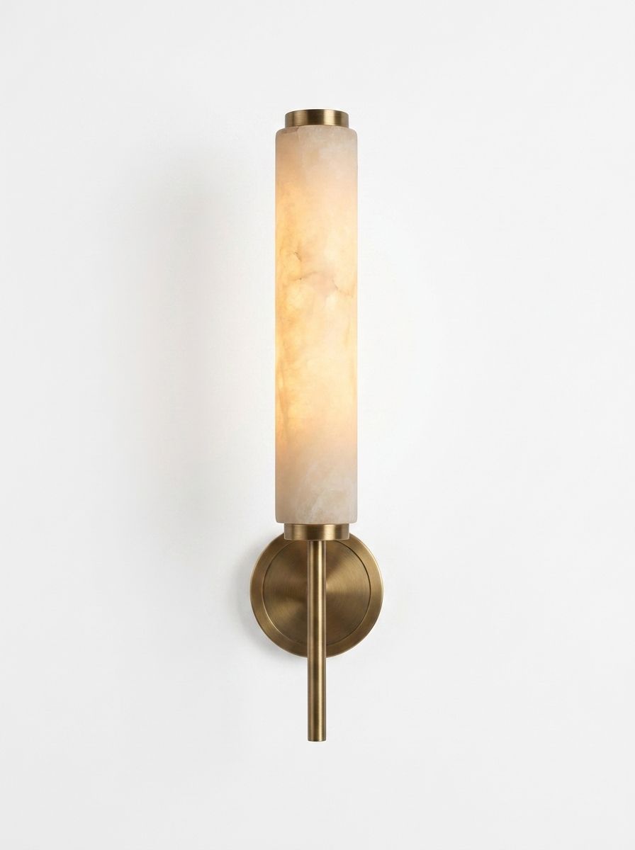 AX290 modern alabaster sconce in brass, lit vertical wall sconce with natural stone shade