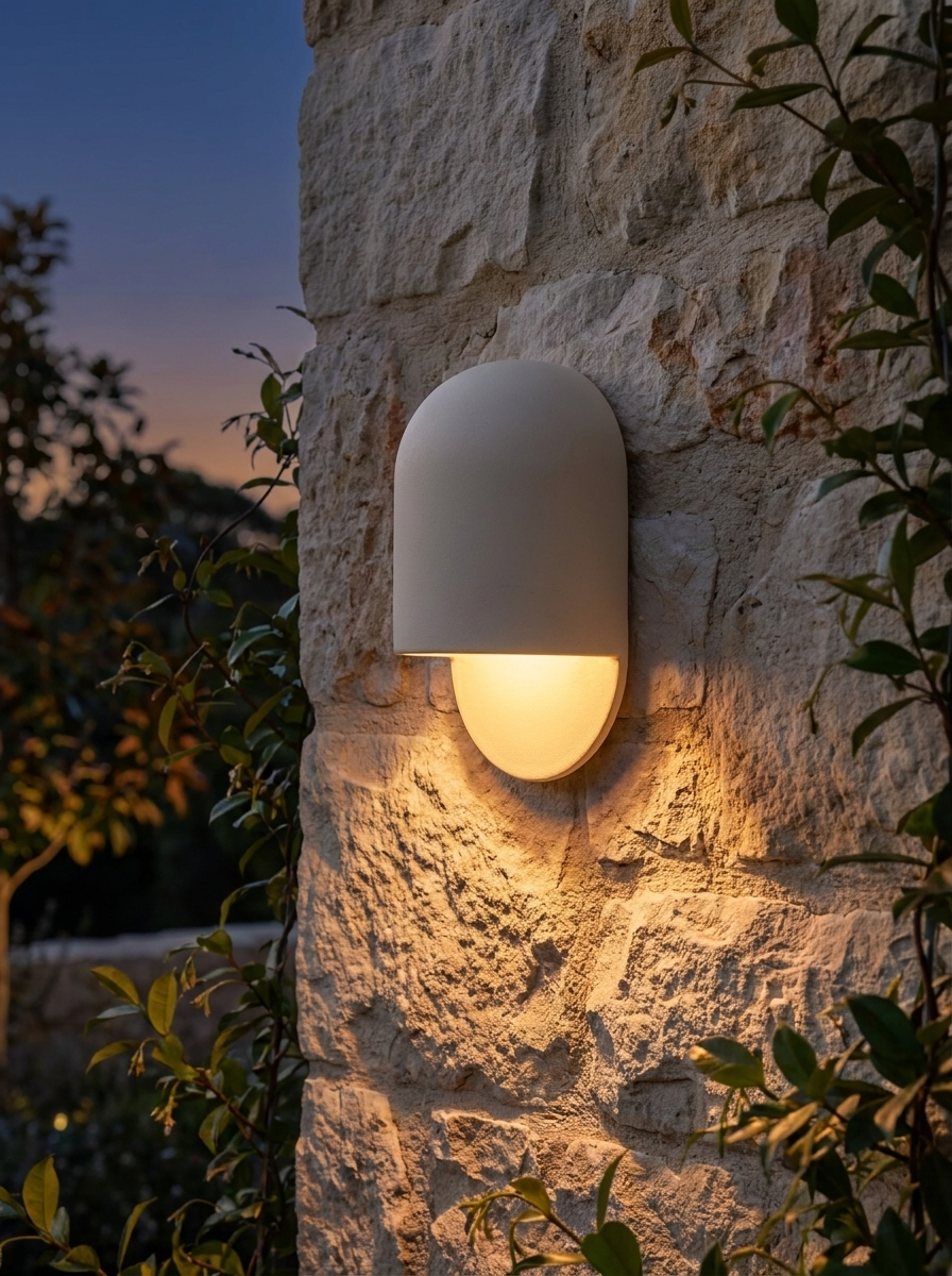 AX472 ceramic outdoor wall light glowing on a natural stone garden wall at dusk