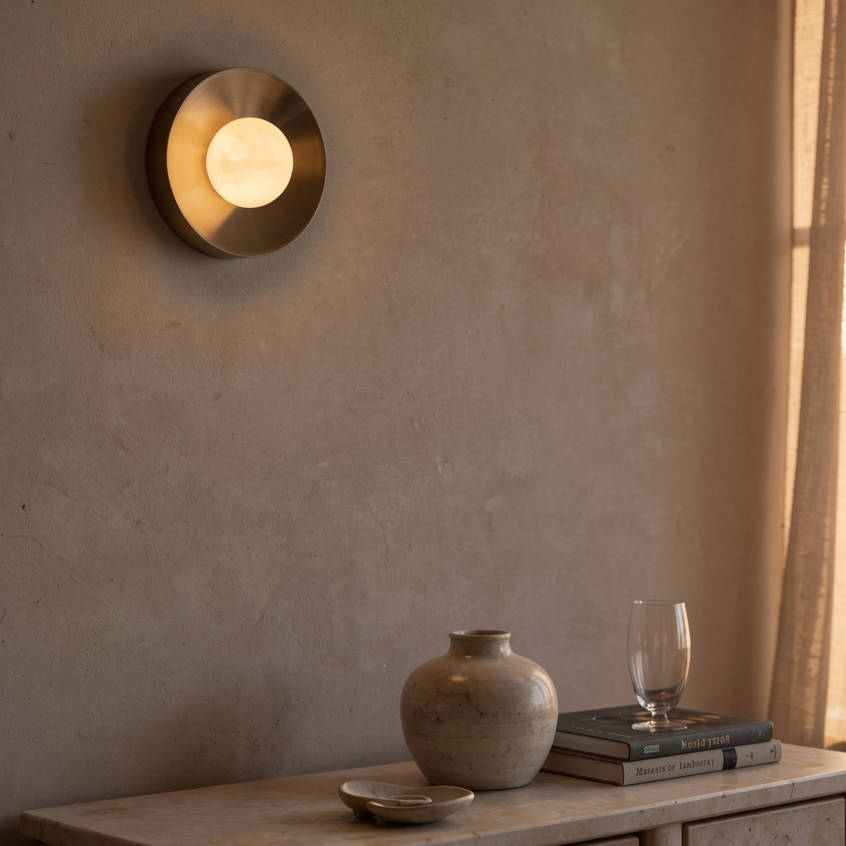 Modern bronze dome wall sconce glowing warm above a marble console in a hallway