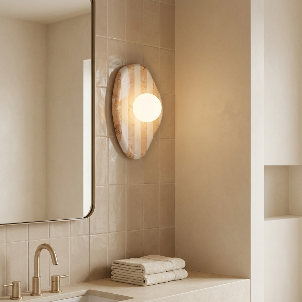 AX200 marble wall sconce beside a bathroom vanity mirror, modern bathroom wall sconce in striped marble