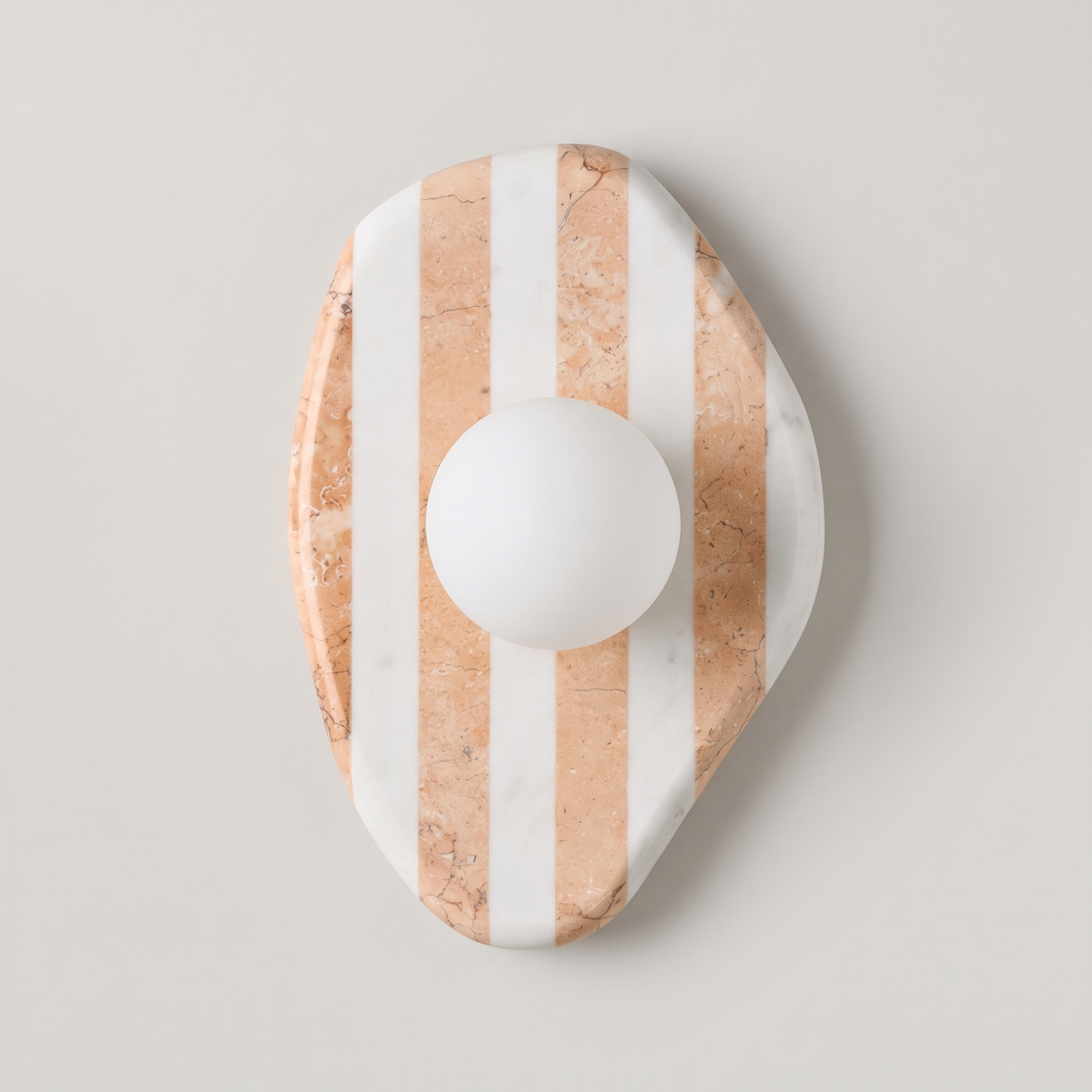 AX200 marble wall sconce in pink and white striped marble with an opal glass globe