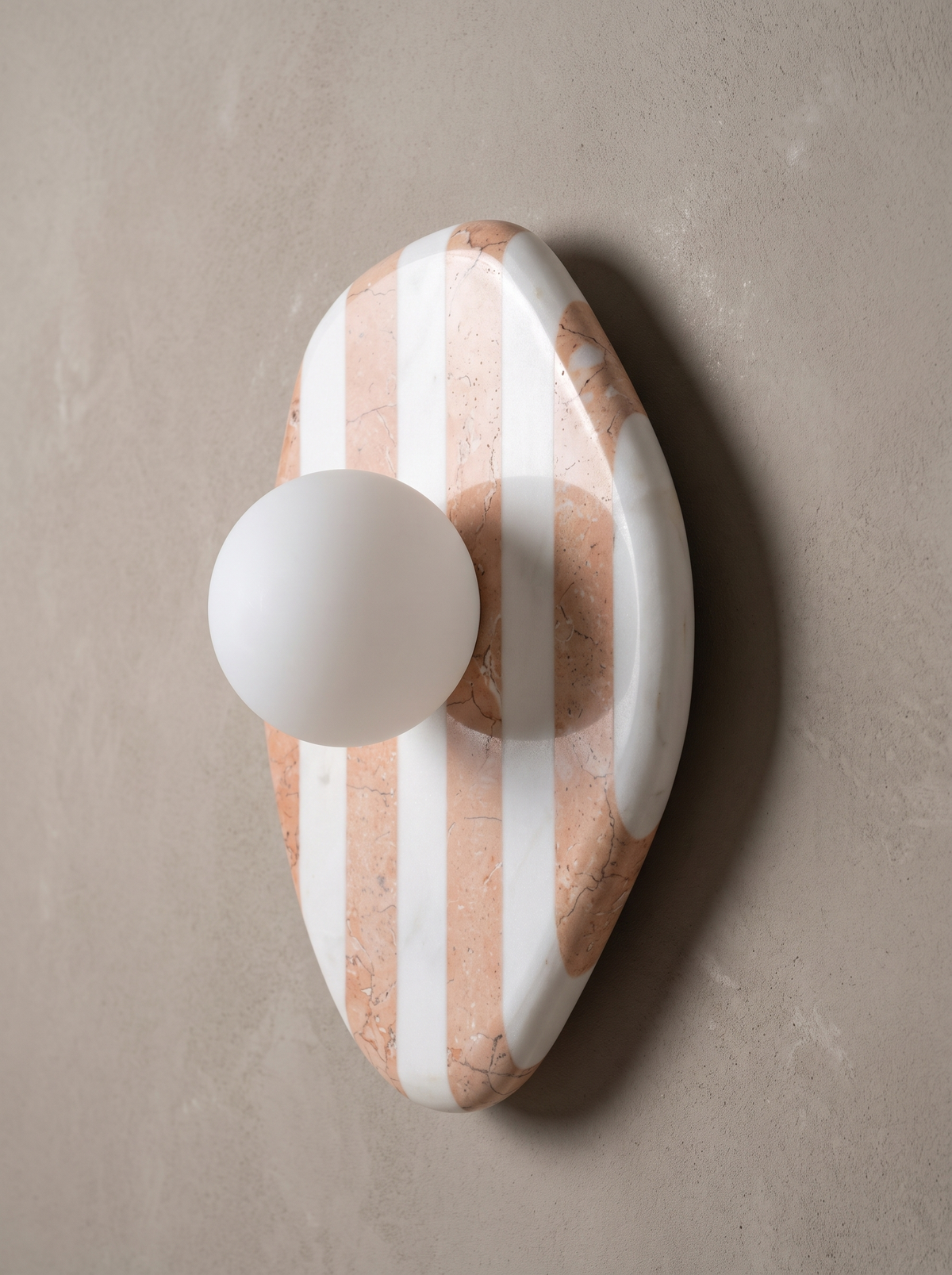 AX200 designer marble wall light, pink striped natural stone with frosted glass globe shade